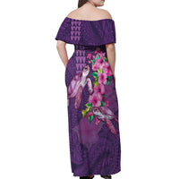 Hawaiian Turtle Love Couple Off Shoulder Maxi Dress - Sweet Hibiscus and Kakau Pattern Deep Purple Color