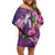 Hawaiian Turtle Love Couple Off Shoulder Short Dress - Sweet Hibiscus and Kakau Pattern Deep Purple Color