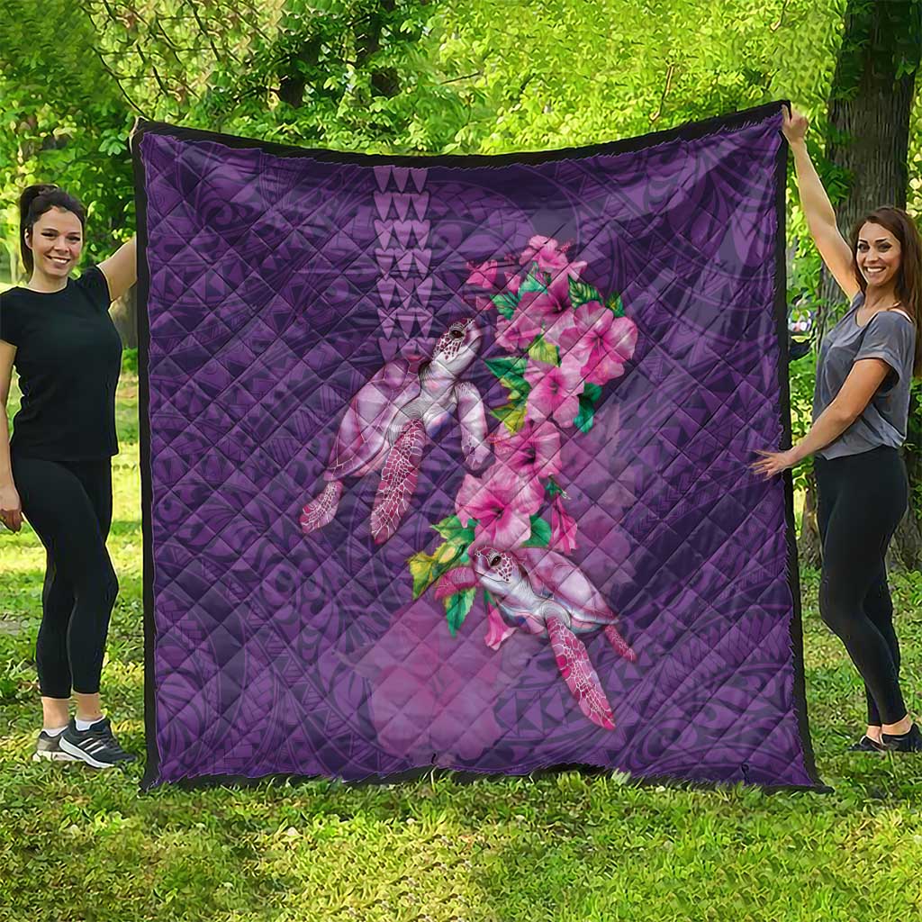 Hawaiian Turtle Love Couple Quilt - Sweet Hibiscus and Kakau Pattern Deep Purple Color