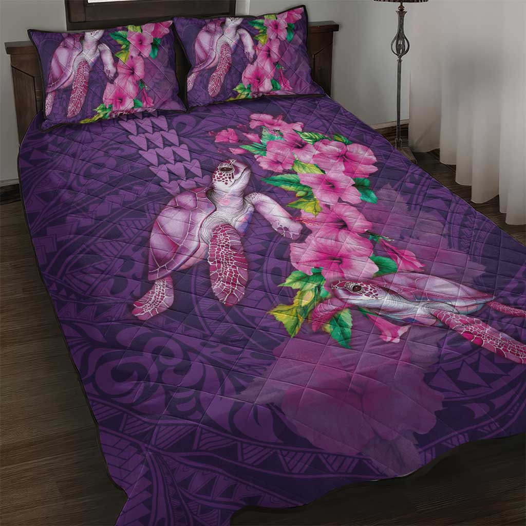 Hawaiian Turtle Love Couple Quilt Bed Set - Sweet Hibiscus and Kakau Pattern Deep Purple Color