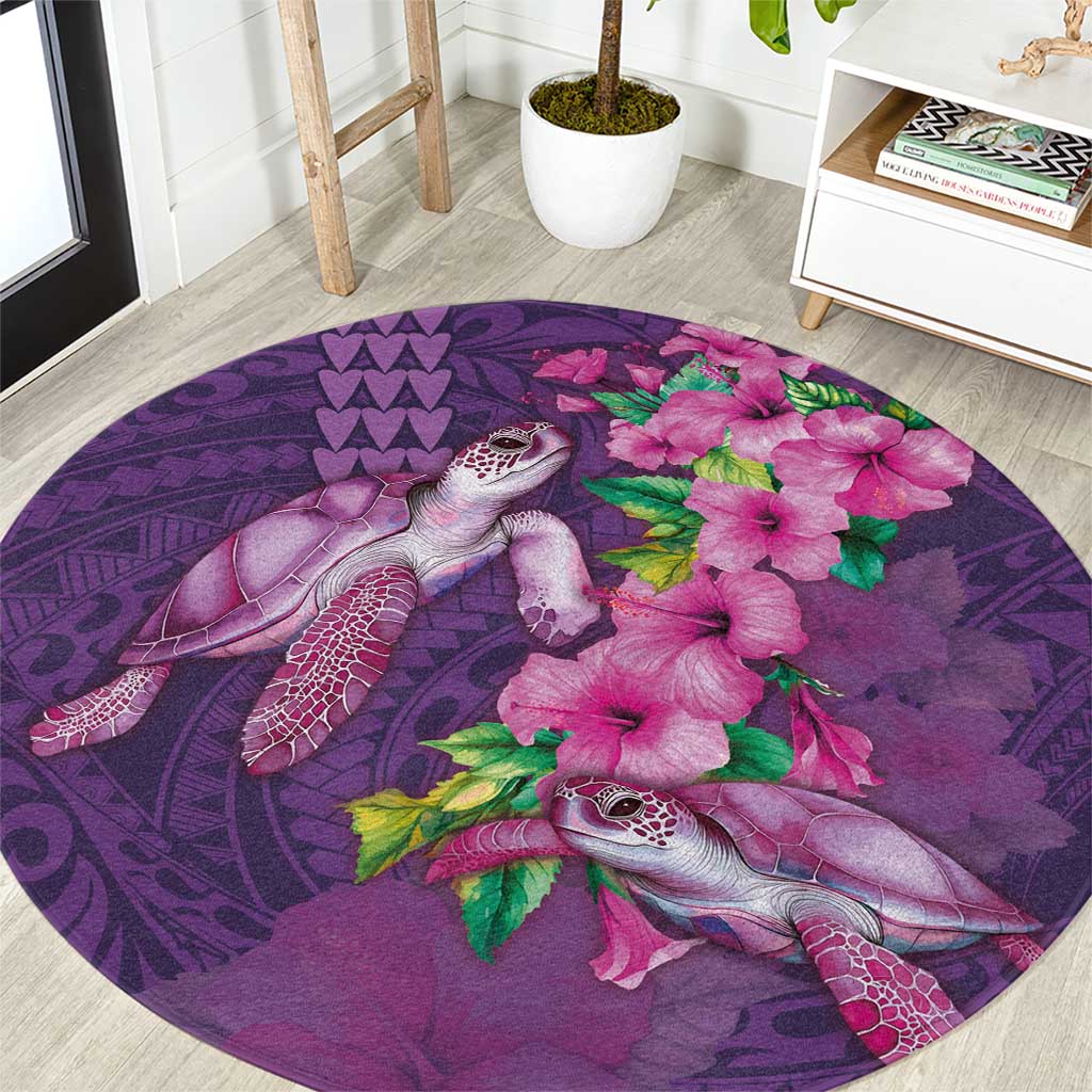 Hawaiian Turtle Love Couple Round Carpet - Sweet Hibiscus and Kakau Pattern Deep Purple Color