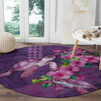 Hawaiian Turtle Love Couple Round Carpet - Sweet Hibiscus and Kakau Pattern Deep Purple Color