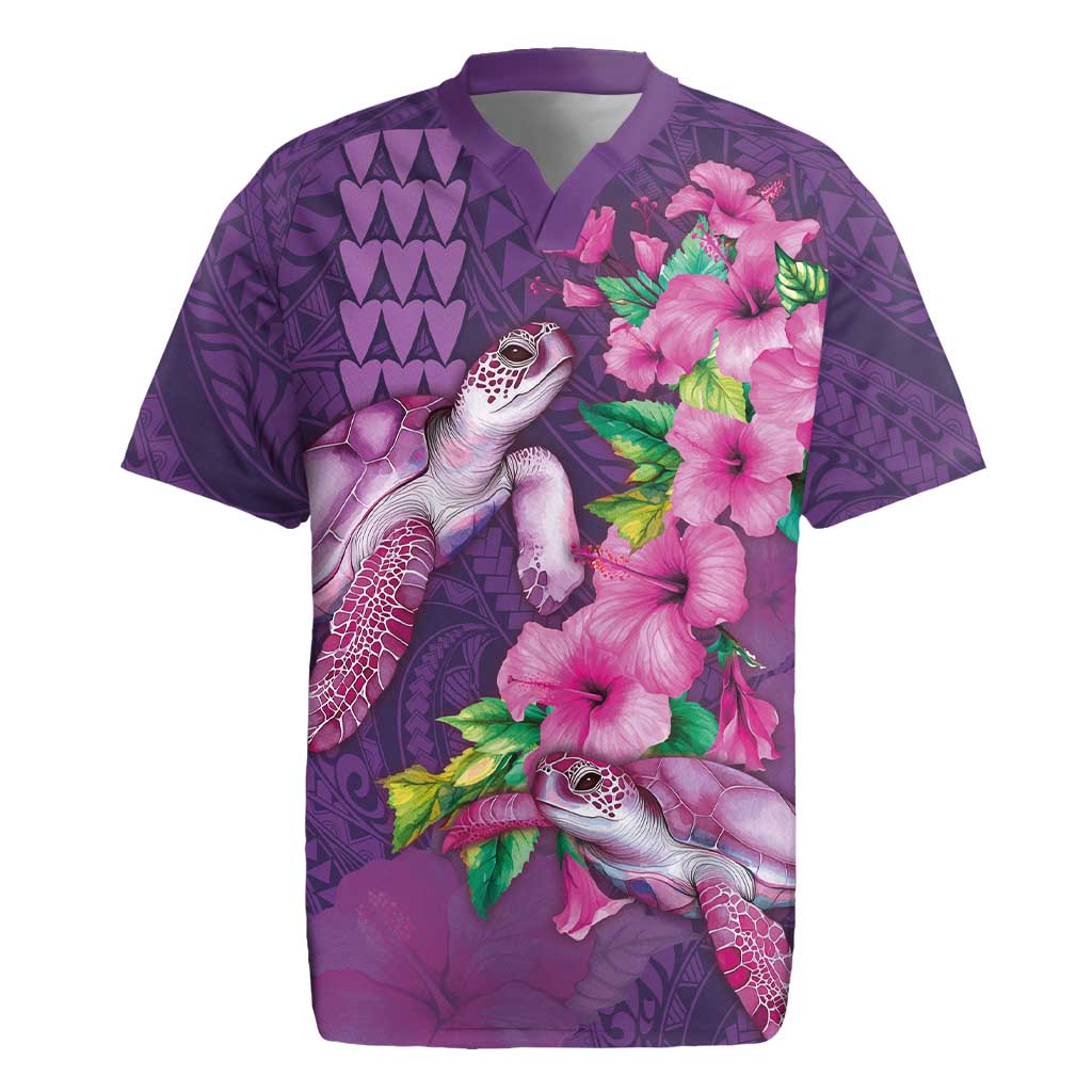 Hawaiian Turtle Love Couple Rugby Jersey - Sweet Hibiscus and Kakau Pattern Deep Purple Color