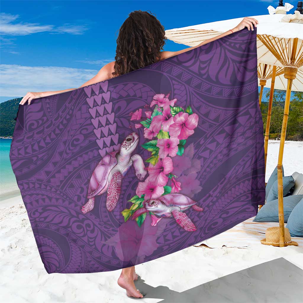 Hawaiian Turtle Love Couple Sarong - Sweet Hibiscus and Kakau Pattern Deep Purple Color