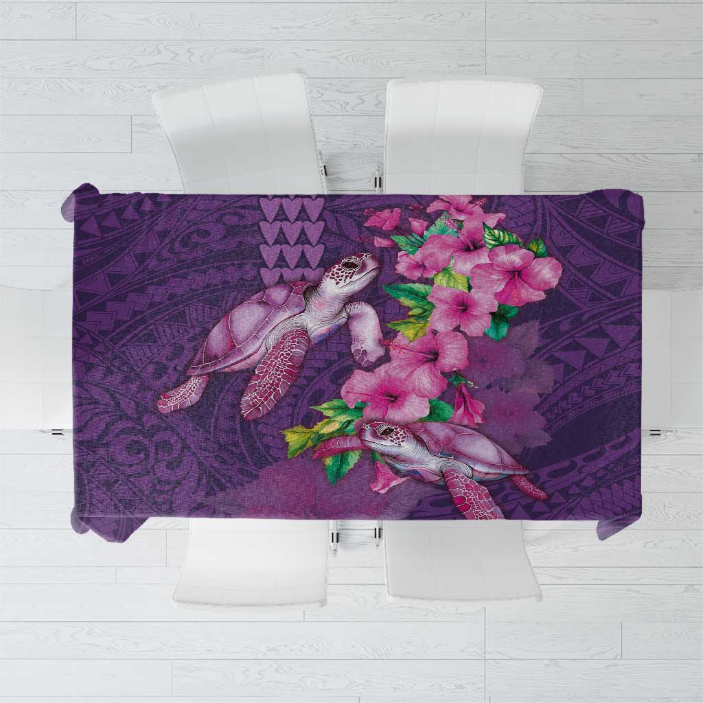 Hawaiian Turtle Love Couple Tablecloth - Sweet Hibiscus and Kakau Pattern Deep Purple Color