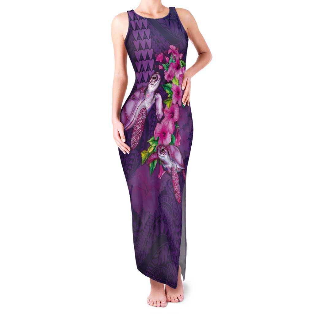 Hawaiian Turtle Love Couple Tank Maxi Dress - Sweet Hibiscus and Kakau Pattern Deep Purple Color