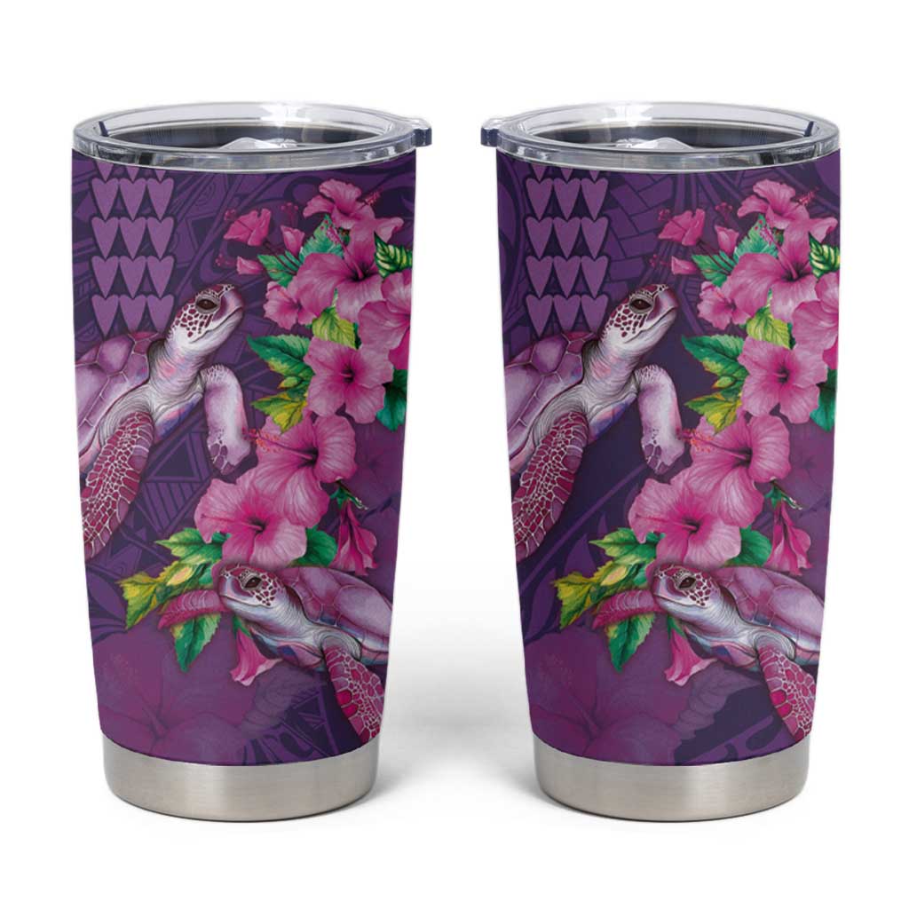 Hawaiian Turtle Love Couple Tumbler Cup Sweet Hibiscus and Kakau Pattern Deep Purple Color