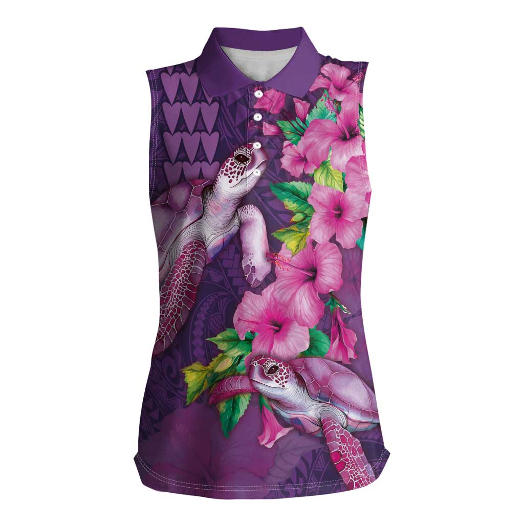 Hawaiian Turtle Love Couple Women Sleeveless Polo Shirt - Sweet Hibiscus and Kakau Pattern Deep Purple Color