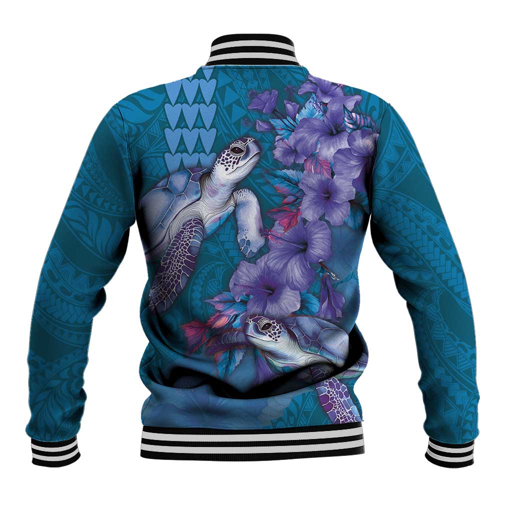 Hawaiian Turtle Love Couple Baseball Jacket - Sweet Hibiscus and Kakau Pattern Sapphire Color