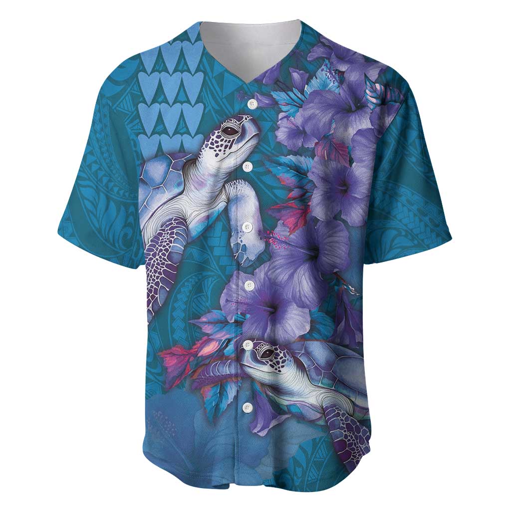 Hawaiian Turtle Love Couple Baseball Jersey - Sweet Hibiscus and Kakau Pattern Sapphire Color