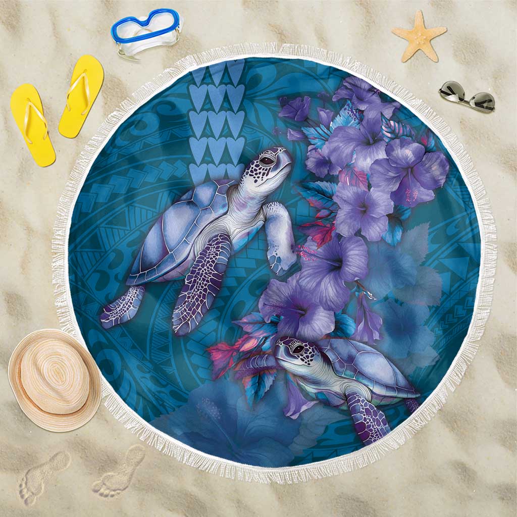 Hawaiian Turtle Love Couple Beach Blanket - Sweet Hibiscus and Kakau Pattern Sapphire Color