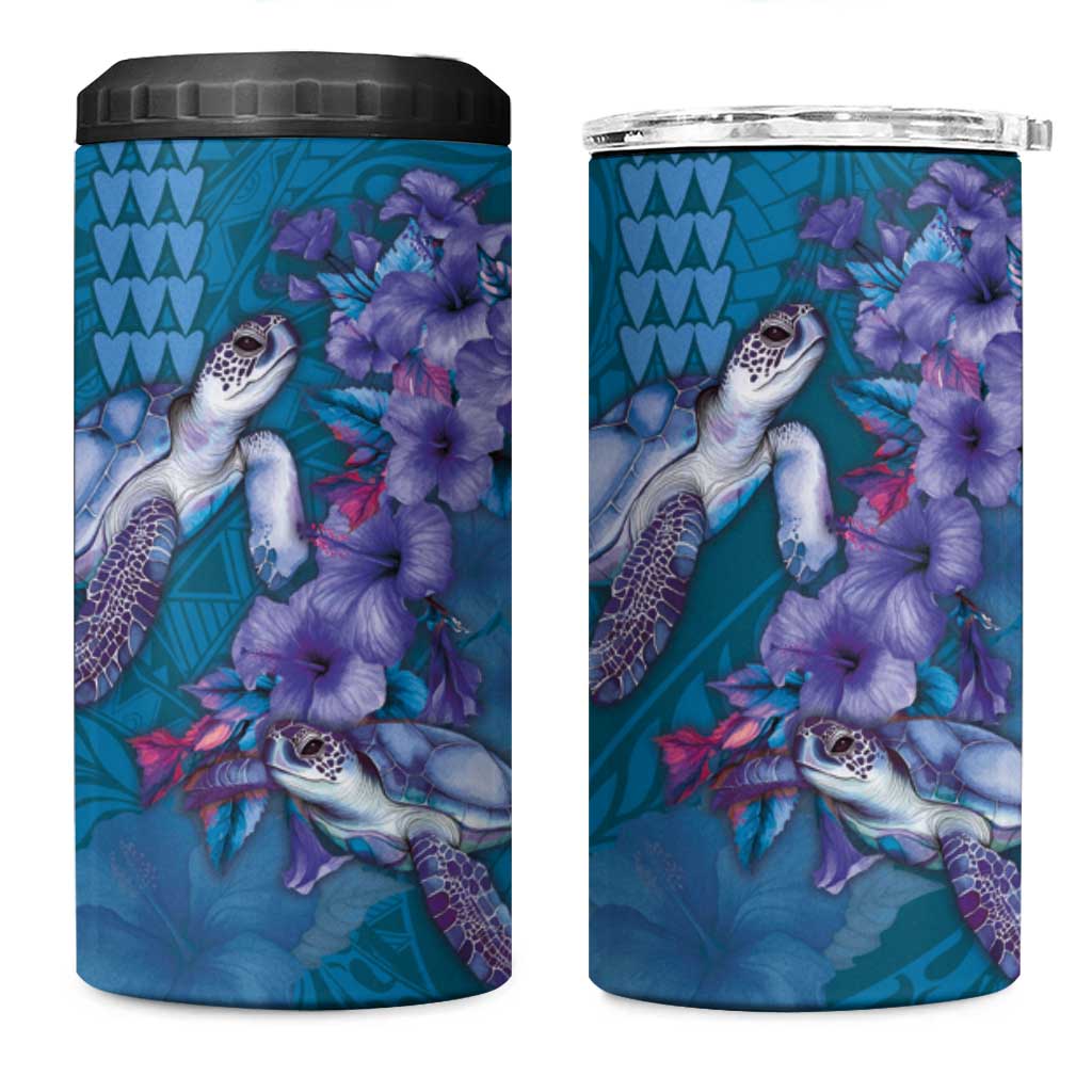 Hawaiian Turtle Love Couple 4 in 1 Can Cooler Tumbler Sweet Hibiscus and Kakau Pattern Sapphire Color