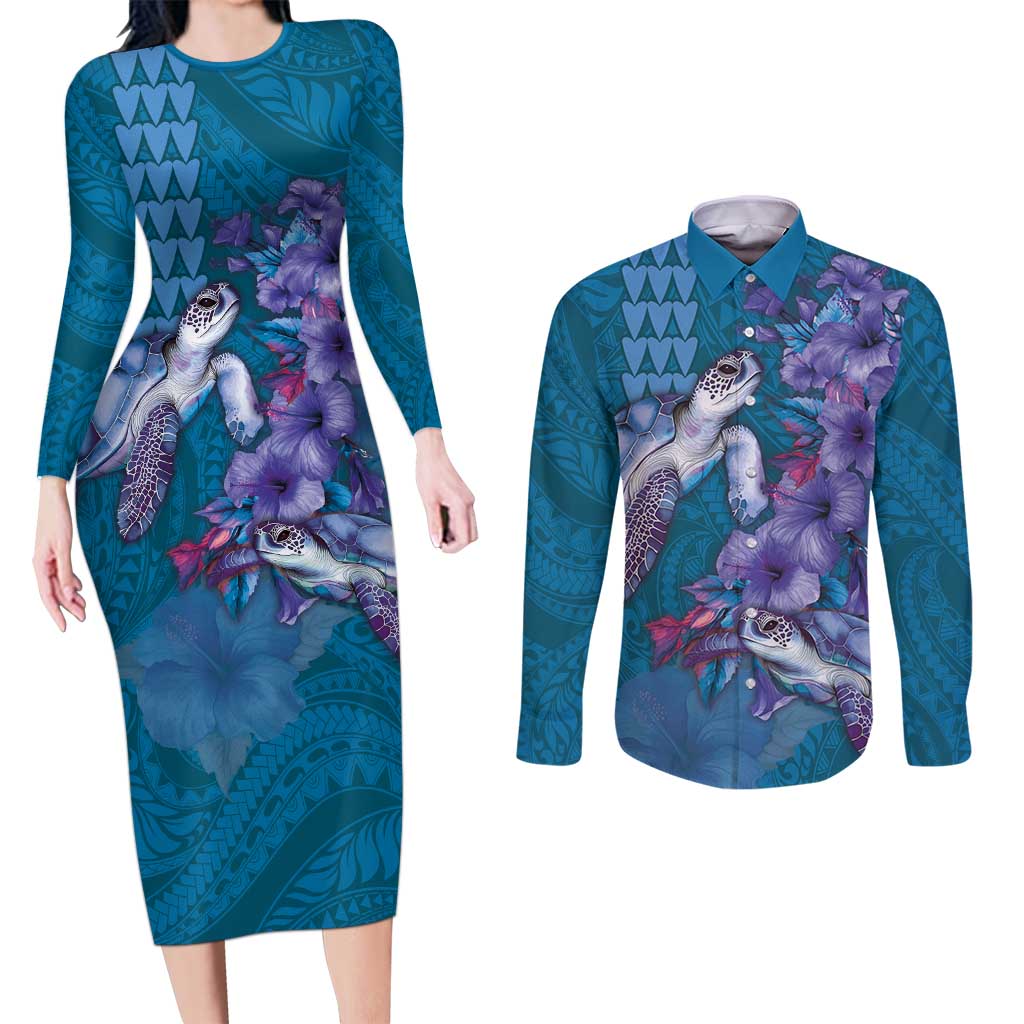 Hawaiian Turtle Love Couple Couples Matching Long Sleeve Bodycon Dress and Long Sleeve Button Shirt - Sweet Hibiscus and Kakau Pattern Sapphire Color