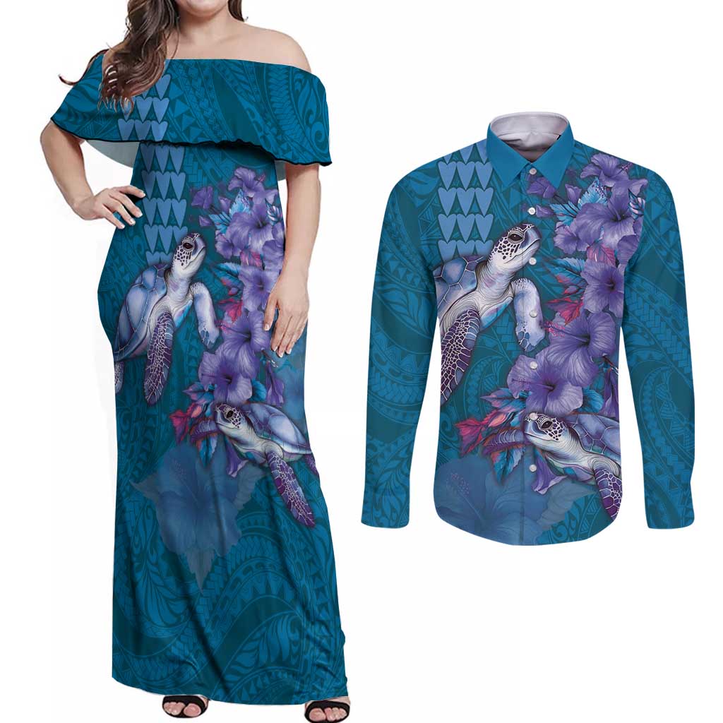 Hawaiian Turtle Love Couple Couples Matching Off Shoulder Maxi Dress and Long Sleeve Button Shirt - Sweet Hibiscus and Kakau Pattern Sapphire Color