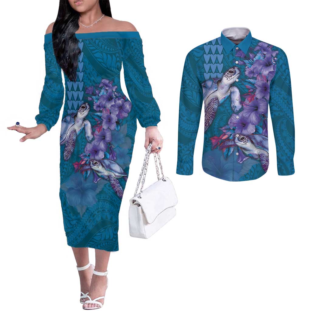 Hawaiian Turtle Love Couple Couples Matching Off The Shoulder Long Sleeve Dress and Long Sleeve Button Shirt - Sweet Hibiscus and Kakau Pattern Sapphire Color