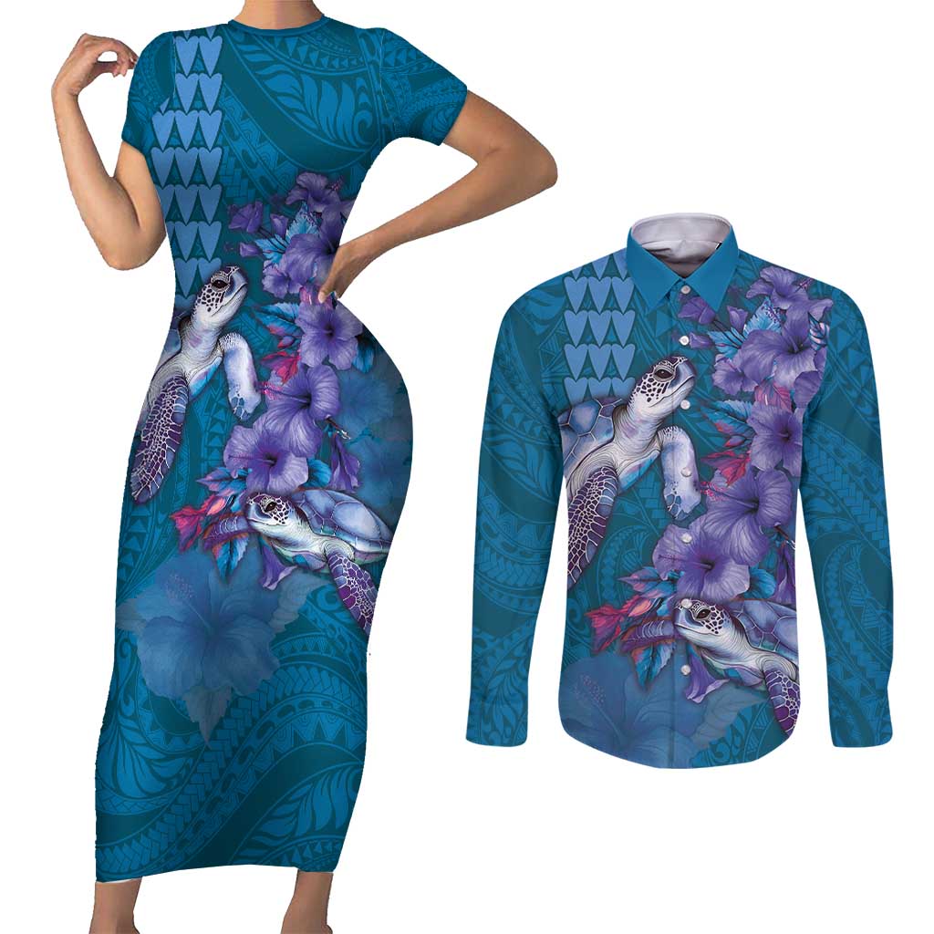 Hawaiian Turtle Love Couple Couples Matching Short Sleeve Bodycon Dress and Long Sleeve Button Shirt - Sweet Hibiscus and Kakau Pattern Sapphire Color