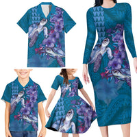 Hawaiian Turtle Love Couple Family Matching Long Sleeve Bodycon Dress and Hawaiian Shirt - Sweet Hibiscus and Kakau Pattern Sapphire Color