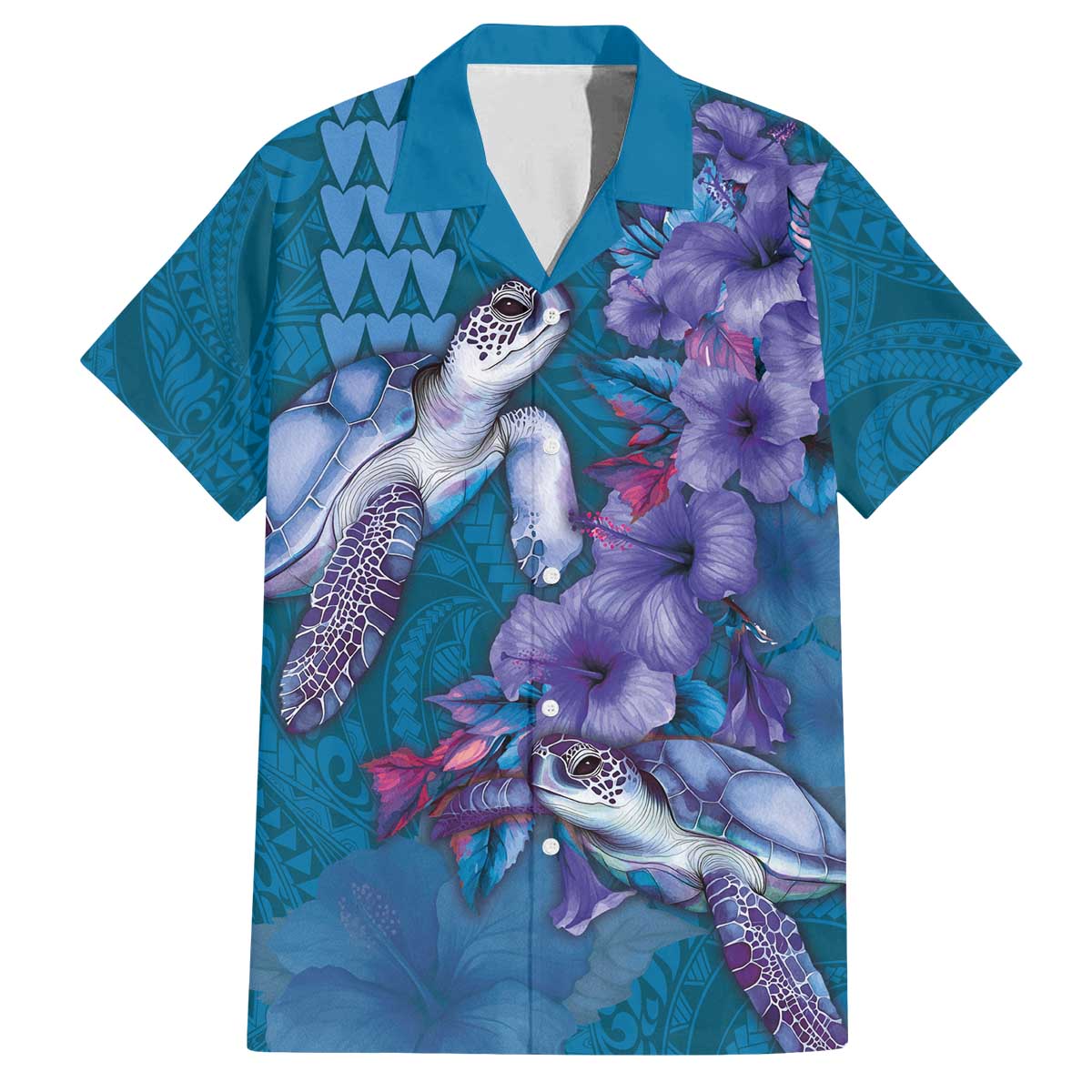 Hawaiian Turtle Love Couple Family Matching Off The Shoulder Long Sleeve Dress and Hawaiian Shirt - Sweet Hibiscus and Kakau Pattern Sapphire Color