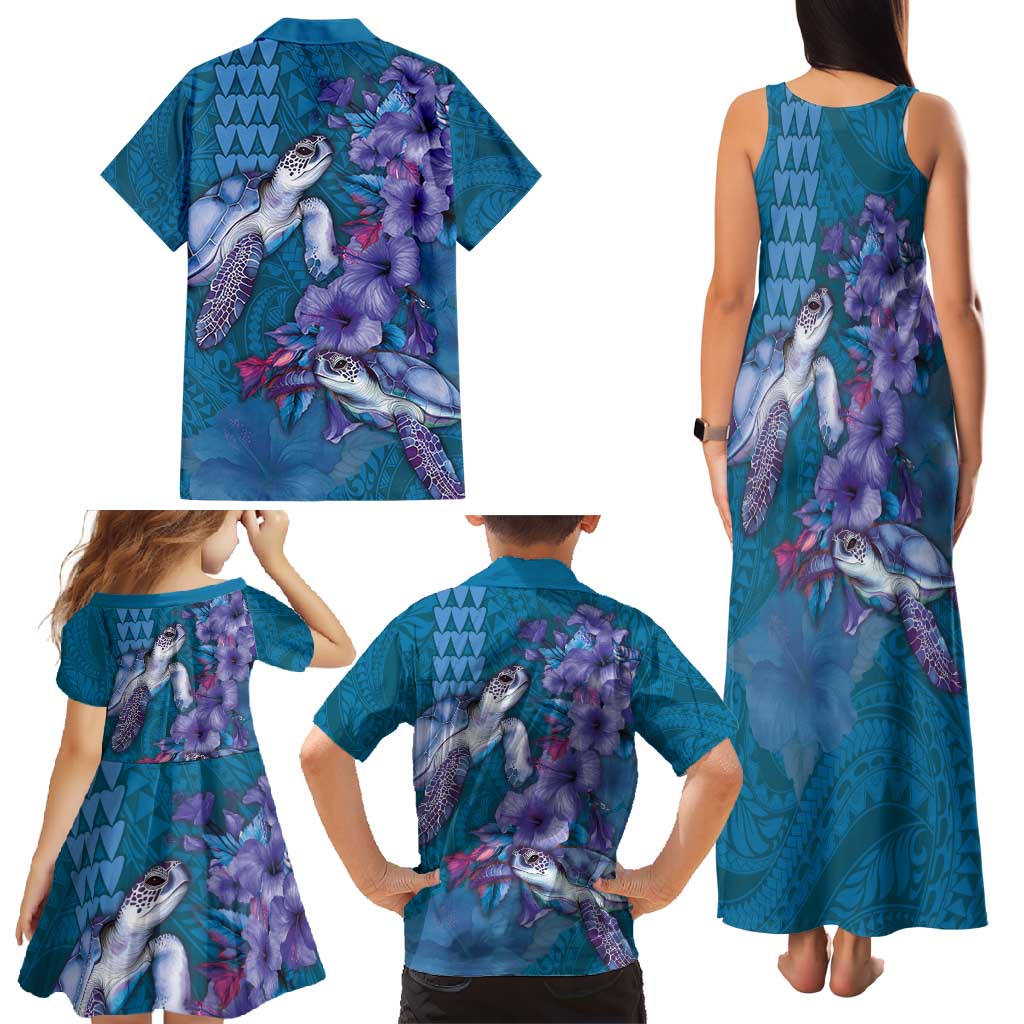 Hawaiian Turtle Love Couple Family Matching Tank Maxi Dress and Hawaiian Shirt - Sweet Hibiscus and Kakau Pattern Sapphire Color