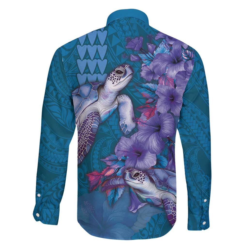 Hawaiian Turtle Love Couple Family Matching Tank Maxi Dress and Hawaiian Shirt - Sweet Hibiscus and Kakau Pattern Sapphire Color