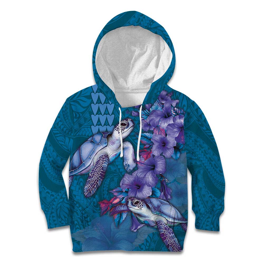 Hawaiian Turtle Love Couple Kid Hoodie - Sweet Hibiscus and Kakau Pattern Sapphire Color