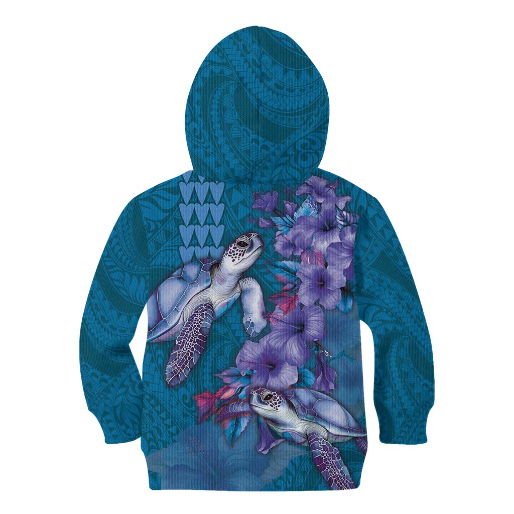 Hawaiian Turtle Love Couple Kid Hoodie - Sweet Hibiscus and Kakau Pattern Sapphire Color