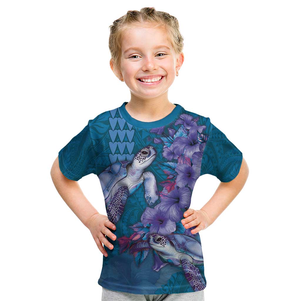 Hawaiian Turtle Love Couple Kid T Shirt - Sweet Hibiscus and Kakau Pattern Sapphire Color