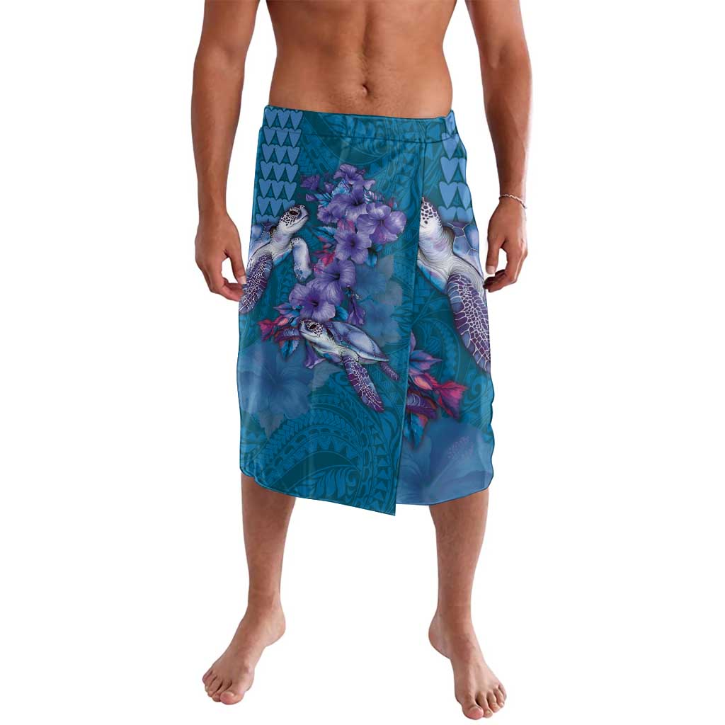 Hawaiian Turtle Love Couple Lavalava - Sweet Hibiscus and Kakau Pattern Sapphire Color