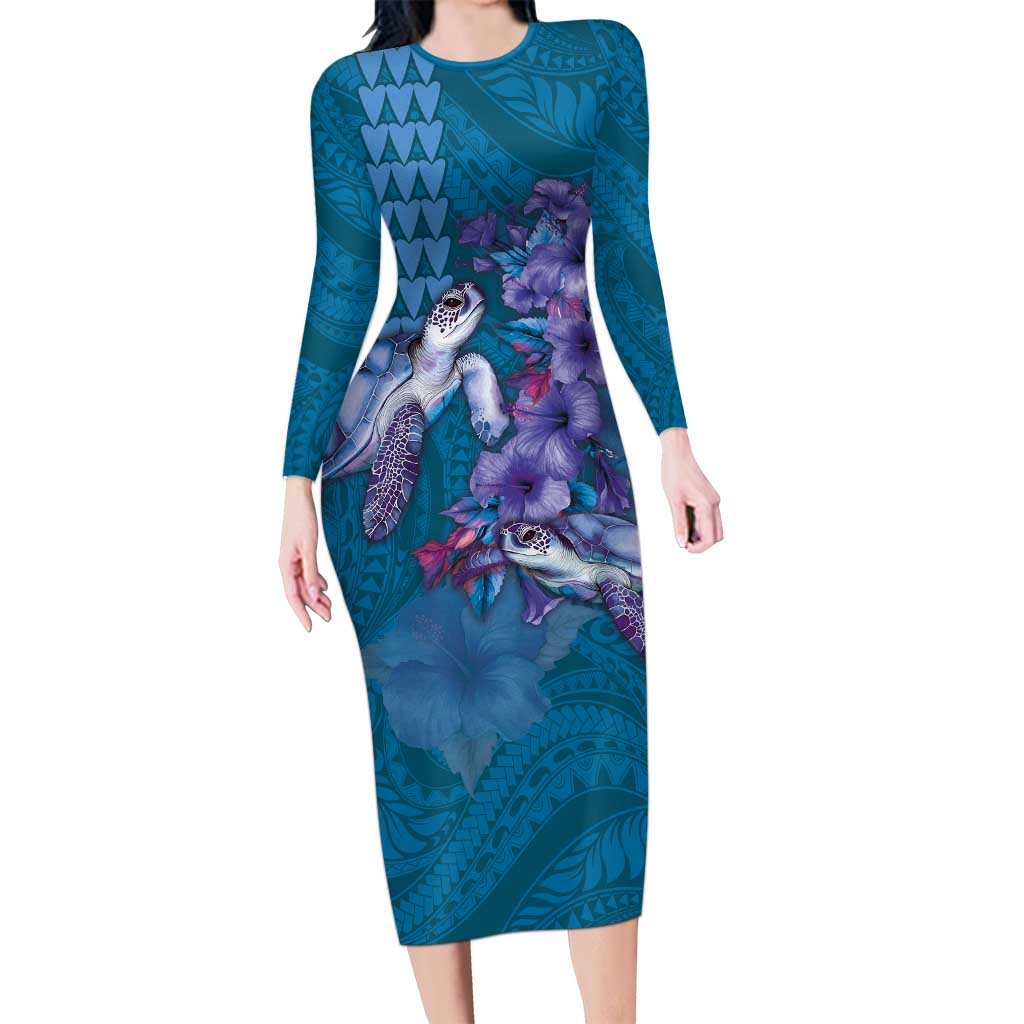 Hawaiian Turtle Love Couple Long Sleeve Bodycon Dress - Sweet Hibiscus and Kakau Pattern Sapphire Color