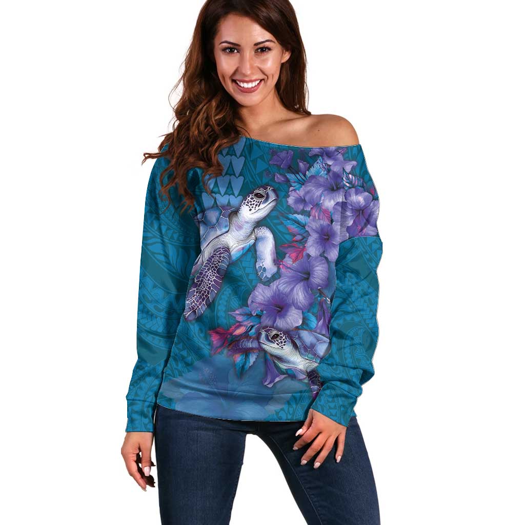 Hawaiian Turtle Love Couple Off Shoulder Sweater - Sweet Hibiscus and Kakau Pattern Sapphire Color