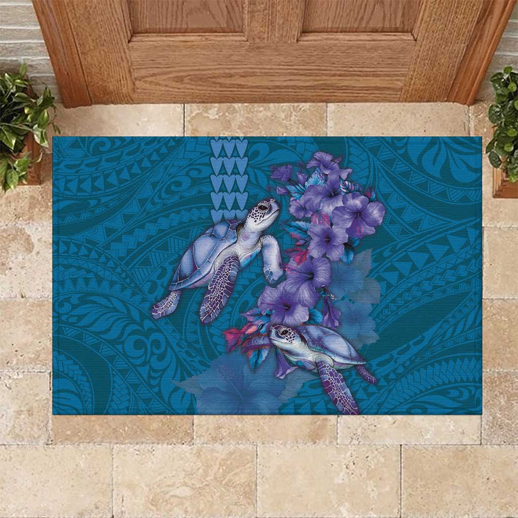 Hawaiian Turtle Love Couple Rubber Doormat - Sweet Hibiscus and Kakau Pattern Sapphire Color