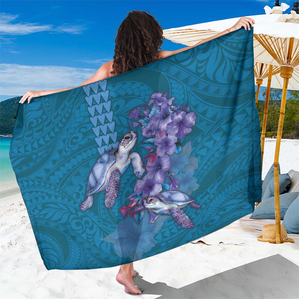 Hawaiian Turtle Love Couple Sarong - Sweet Hibiscus and Kakau Pattern Sapphire Color