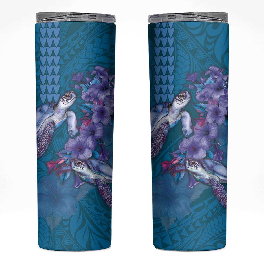 Hawaiian Turtle Love Couple Skinny Tumbler Sweet Hibiscus and Kakau Pattern Sapphire Color