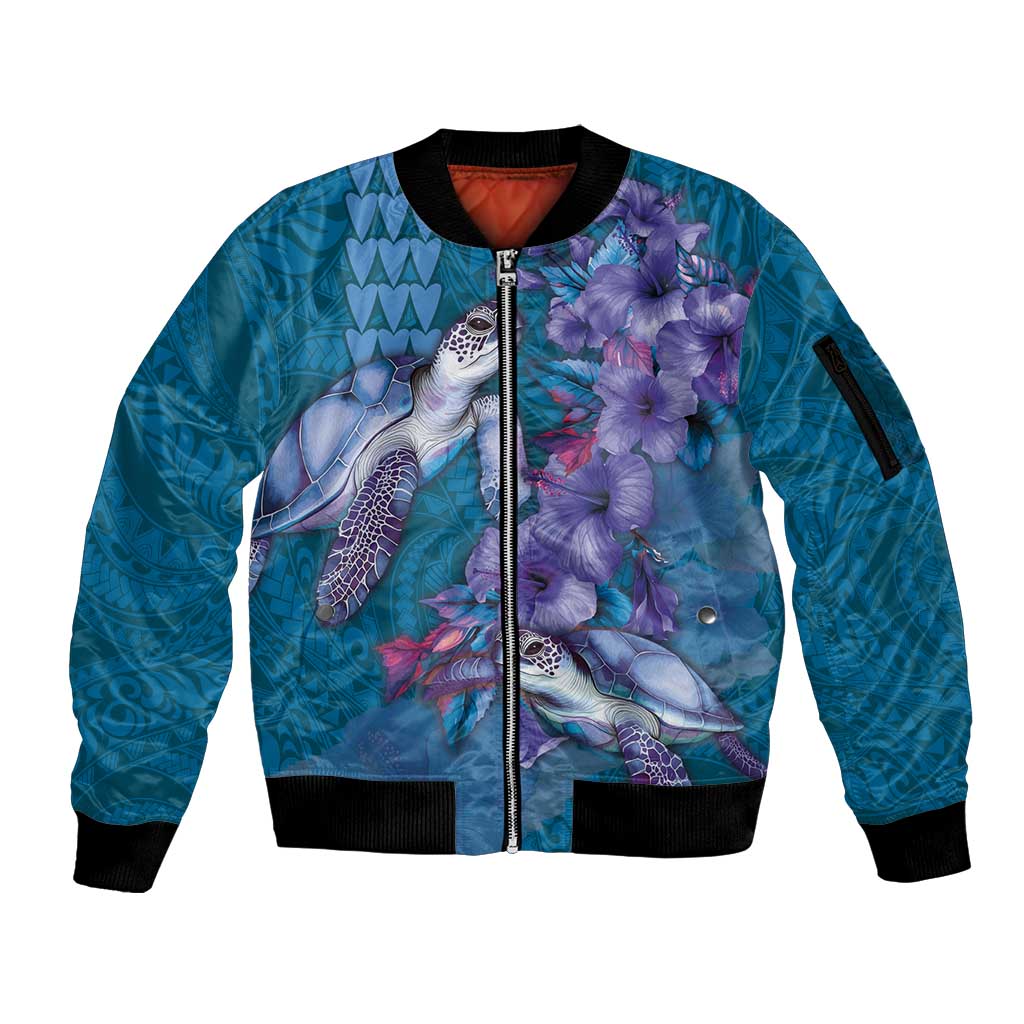 Hawaiian Turtle Love Couple Sleeve Zip Bomber Jacket - Sweet Hibiscus and Kakau Pattern Sapphire Color