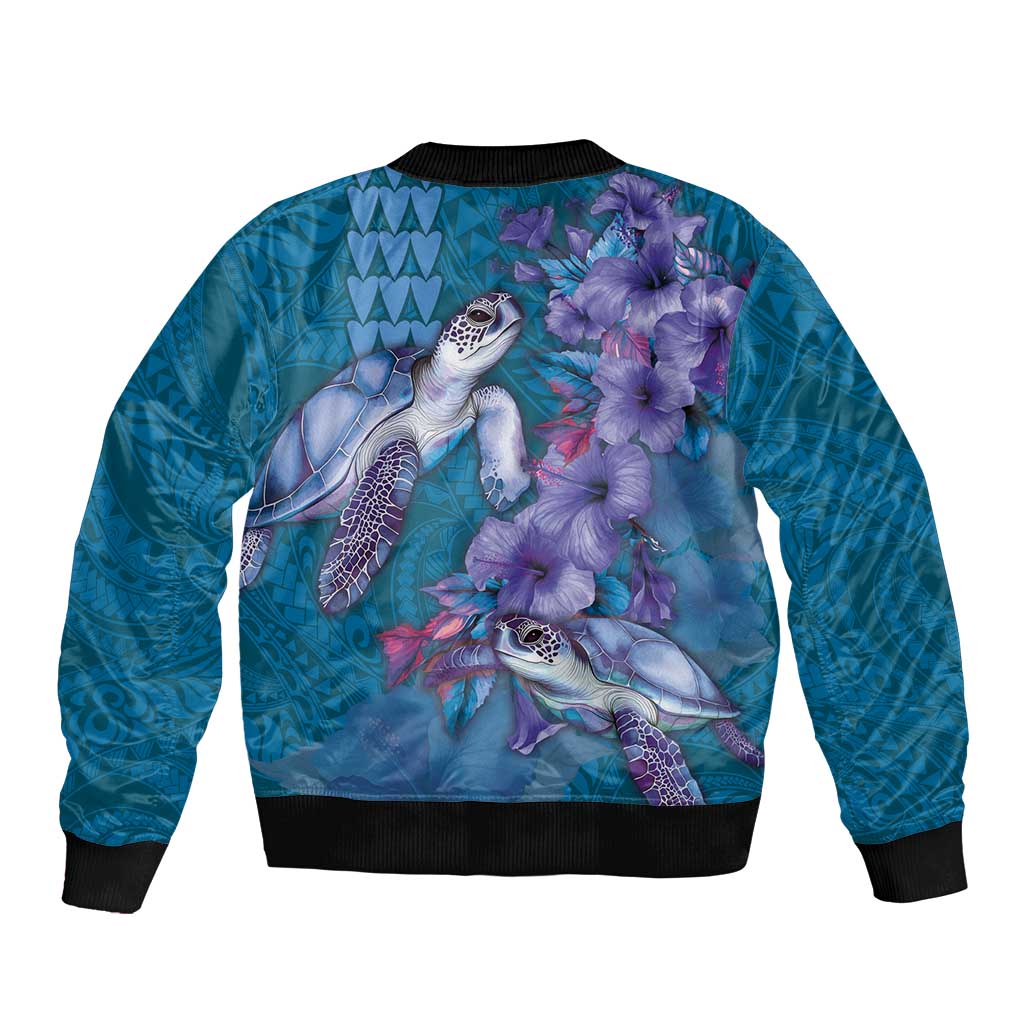Hawaiian Turtle Love Couple Sleeve Zip Bomber Jacket - Sweet Hibiscus and Kakau Pattern Sapphire Color