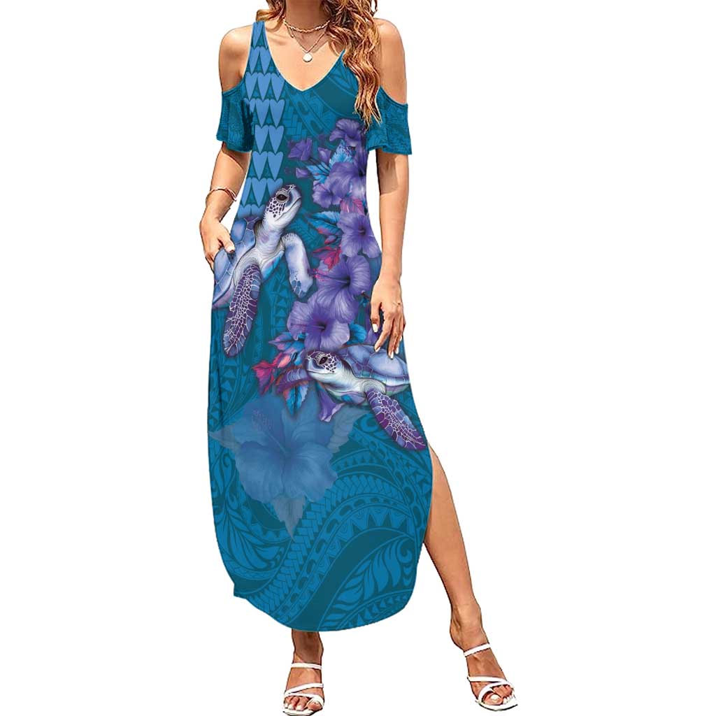 Hawaiian Turtle Love Couple Summer Maxi Dress - Sweet Hibiscus and Kakau Pattern Sapphire Color