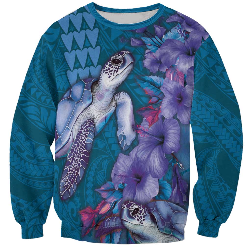 Hawaiian Turtle Love Couple Sweatshirt - Sweet Hibiscus and Kakau Pattern Sapphire Color