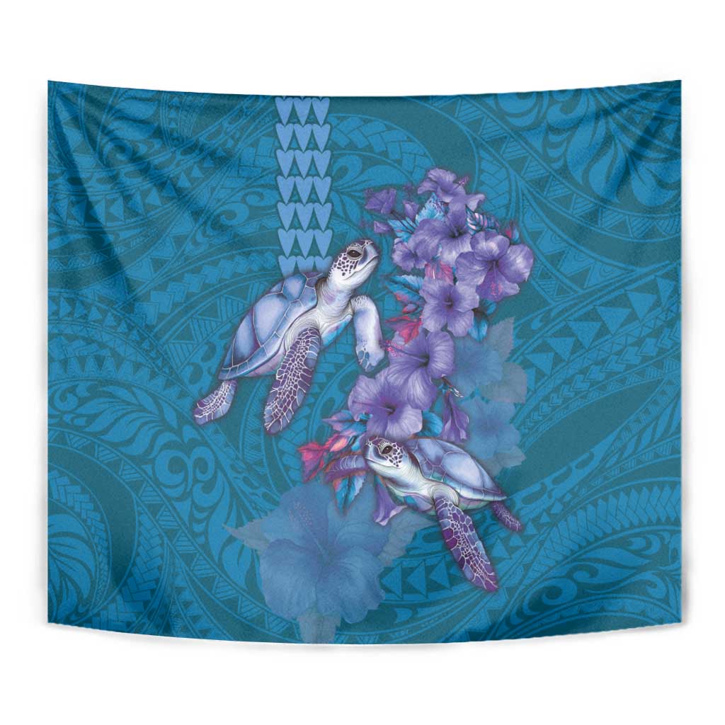 Hawaiian Turtle Love Couple Tapestry - Sweet Hibiscus and Kakau Pattern Sapphire Color