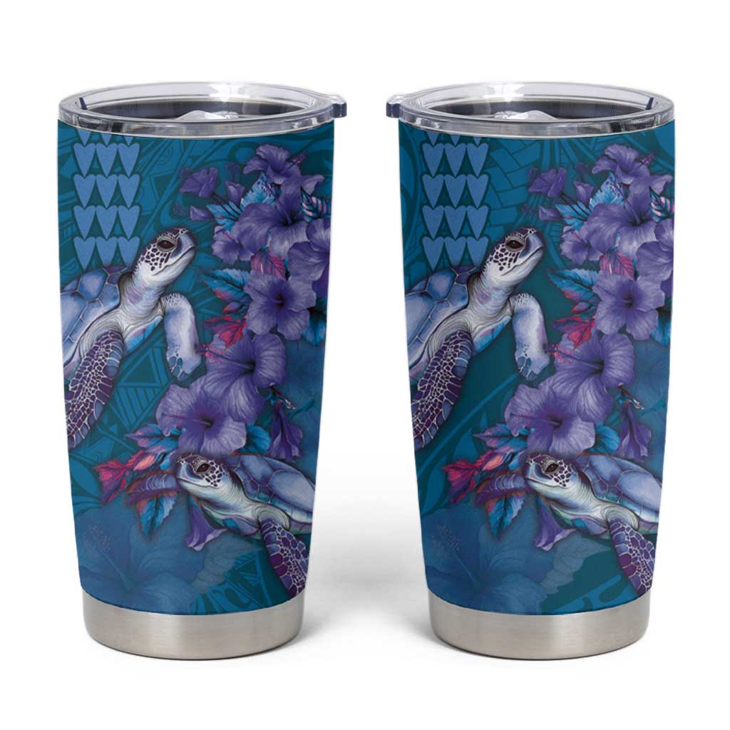 Hawaiian Turtle Love Couple Tumbler Cup Sweet Hibiscus and Kakau Pattern Sapphire Color