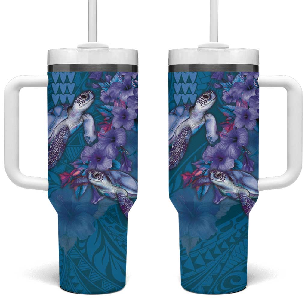 Hawaiian Turtle Love Couple Tumbler With Handle Sweet Hibiscus and Kakau Pattern Sapphire Color