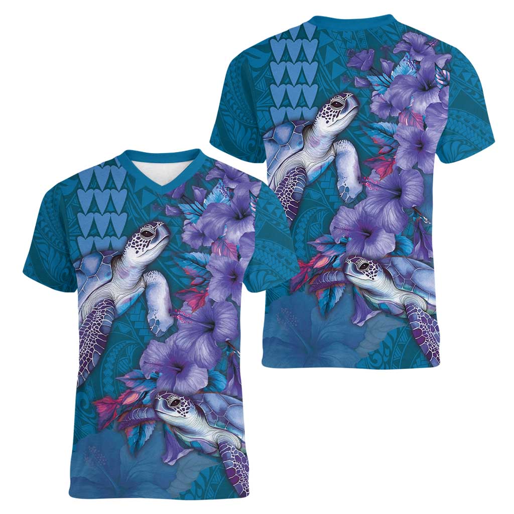Hawaiian Turtle Love Couple Women V-Neck T-Shirt - Sweet Hibiscus and Kakau Pattern Sapphire Color