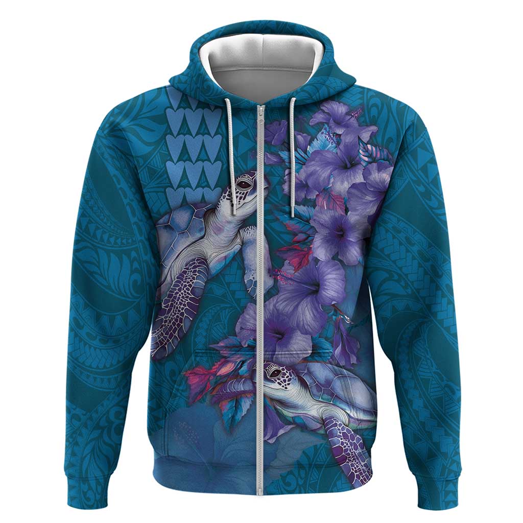 Hawaiian Turtle Love Couple Zip Hoodie - Sweet Hibiscus and Kakau Pattern Sapphire Color