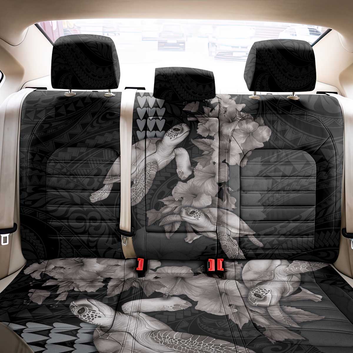 Hawaiian Turtle Love Couple Back Car Seat Cover - Sweet Hibiscus and Kakau Pattern Grayscale Color