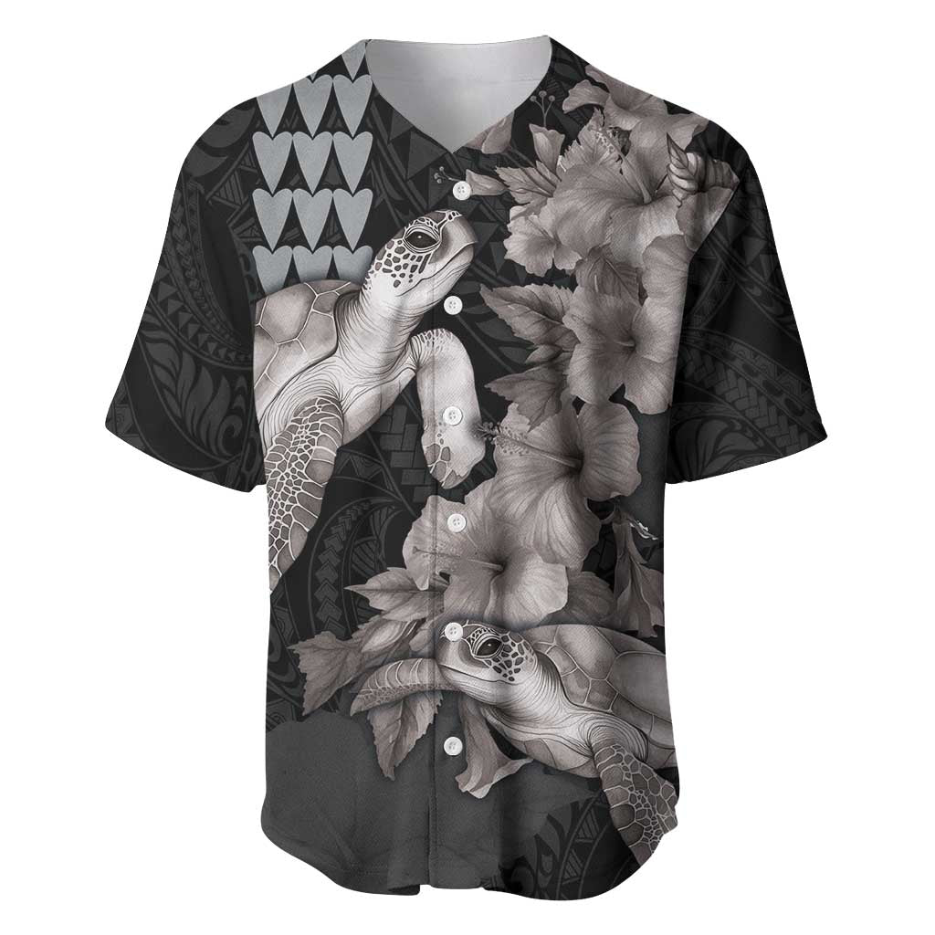 Hawaiian Turtle Love Couple Baseball Jersey - Sweet Hibiscus and Kakau Pattern Grayscale Color