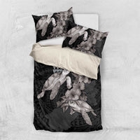 Hawaiian Turtle Love Couple Bedding Set - Sweet Hibiscus and Kakau Pattern Grayscale Color