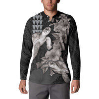 Hawaiian Turtle Love Couple Button Sweatshirt - Sweet Hibiscus and Kakau Pattern Grayscale Color