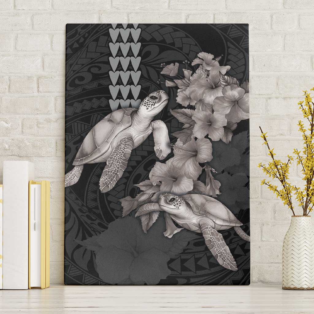 Hawaiian Turtle Love Couple Canvas Wall Art - Sweet Hibiscus and Kakau Pattern Grayscale Color