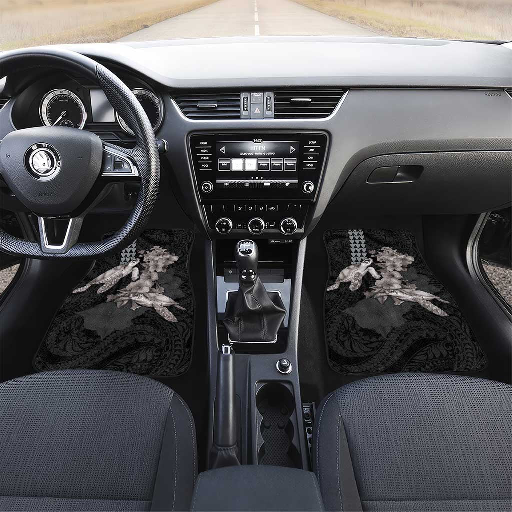 Hawaiian Turtle Love Couple Car Mats - Sweet Hibiscus and Kakau Pattern Grayscale Color