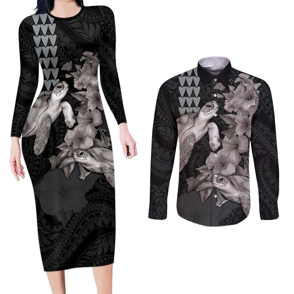 Hawaiian Turtle Love Couple Couples Matching Long Sleeve Bodycon Dress and Long Sleeve Button Shirt - Sweet Hibiscus and Kakau Pattern Grayscale Color