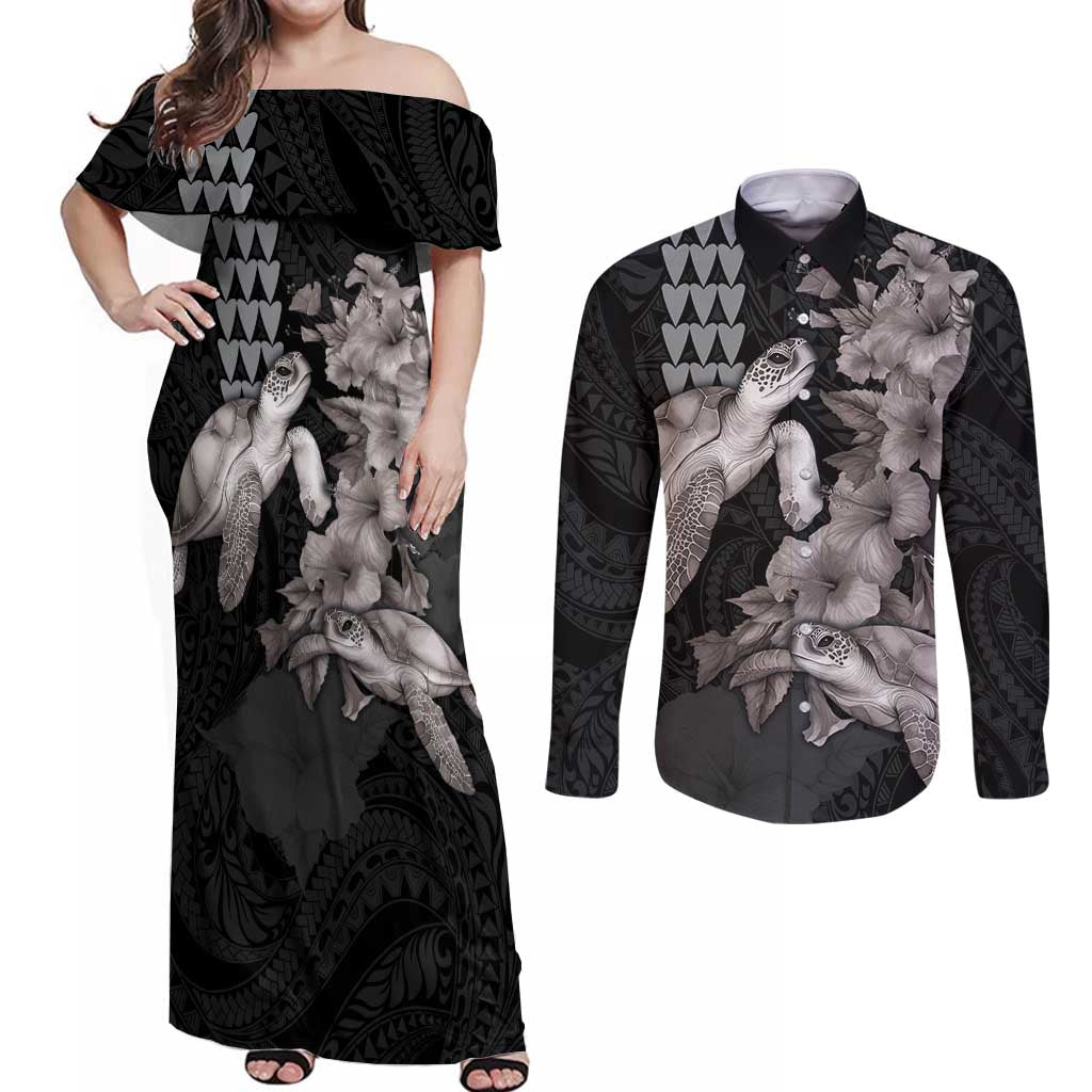 Hawaiian Turtle Love Couple Couples Matching Off Shoulder Maxi Dress and Long Sleeve Button Shirt - Sweet Hibiscus and Kakau Pattern Grayscale Color